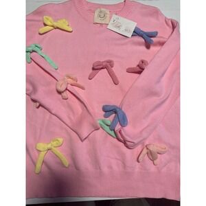 Fantastic Fawn 3D Bow Applique Sweater Womens Large Pink NEW Whimsical Coquette